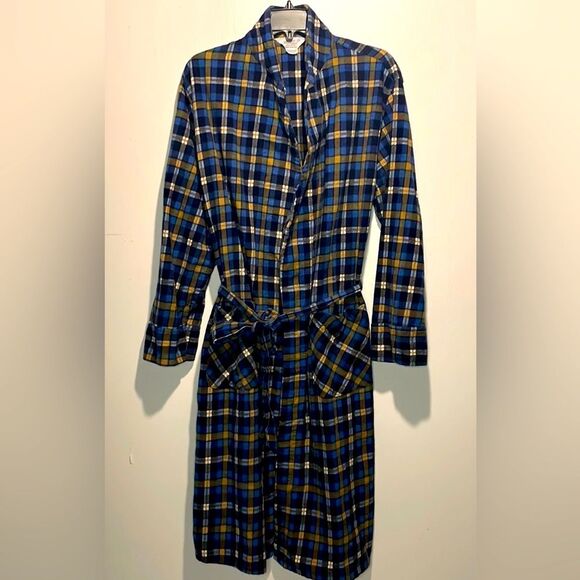 Harcourt- Vintage Style Blue Yellow Plaid Robe Tie Pockets 100% Cotton- Size M - Picture 1 of 6